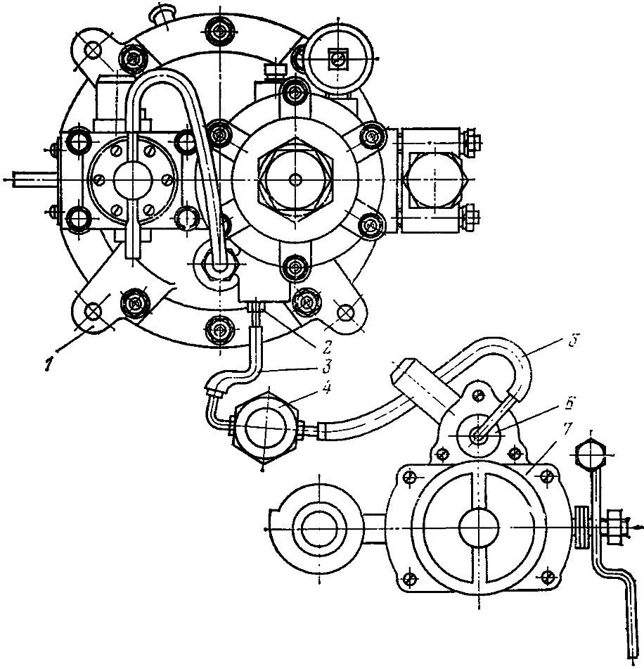 Пусковая система с электромагнитным клапаном: 1 — газовый редуктор низкого давления; 2 — штуцер; 3 — соединительная трубка; 4 — электромагнитный клапан; 5 — трубопровод; 6 — крышка обратного клапана; 7 — смеситель.
