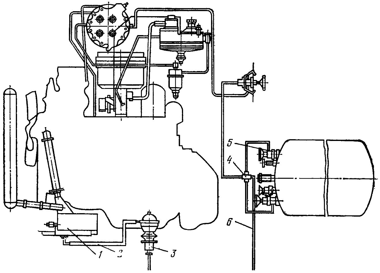 Схема тепловой подготовки газового двигателя ЗИЛ-138 инфракрасным излучателем при питании его от газового баллона автомобиля (автономный подогреватель)
