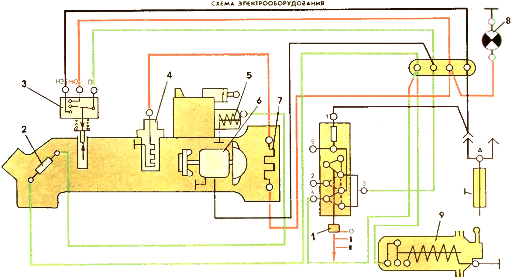 Схема электрооборудования системы отопления автомобиля ЗАЗ-968М Запорожец