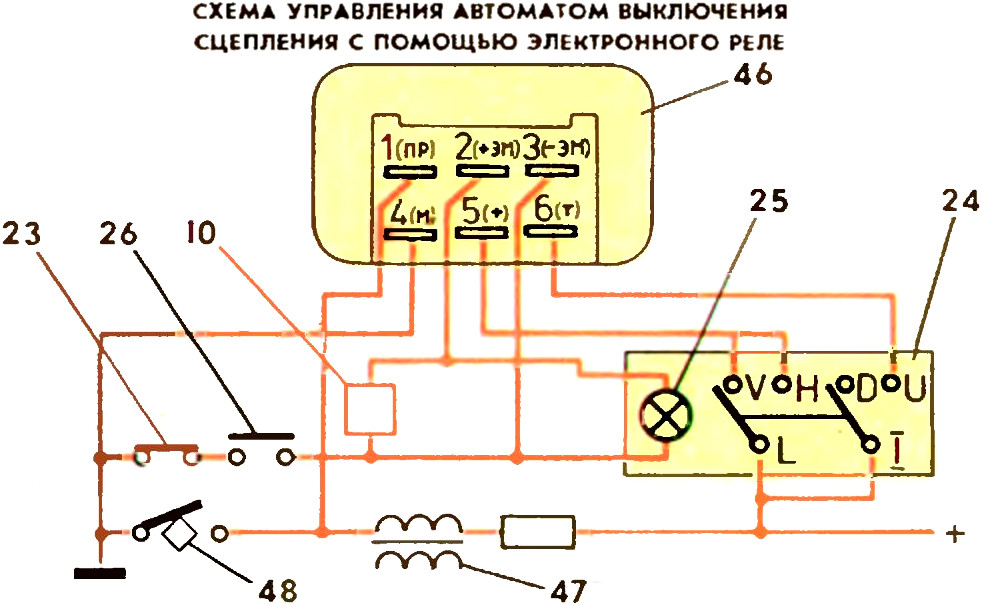 Схема управления автоматом выключения сцепления с помощью электронного реле автомобиля ЗАЗ-968МР Запорожец