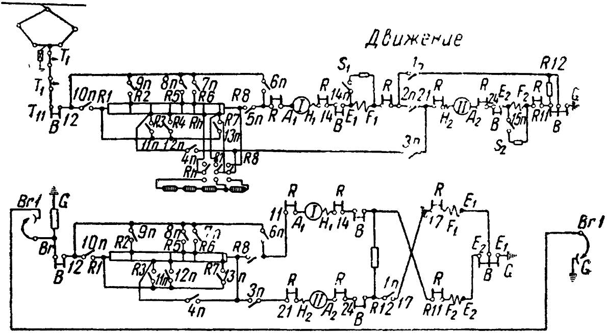 Схема с многоступенчатым контроллером и двумя двигателями на двухосных трамвайных вагонах, выпускаемых в г. Гота (ГДР) для городов СССР с узкоколейными путями