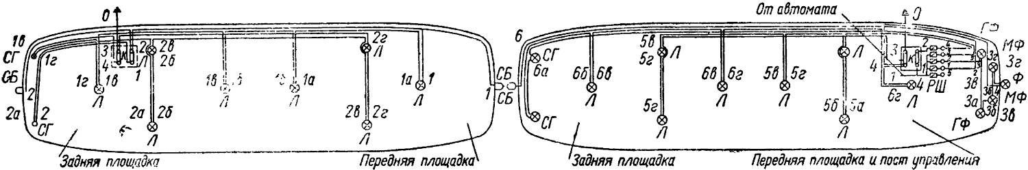 Принципиальная схема цепи освещения двухвагонного поезда трамвая (КТМ-1 и КТП-1)