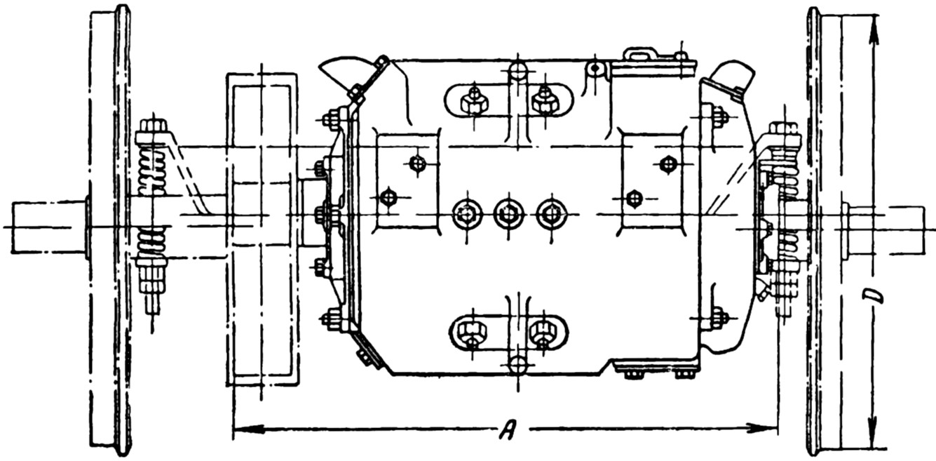 Габариты тягового двигателя подвесно-осевого типа, применяемого в трамваях
