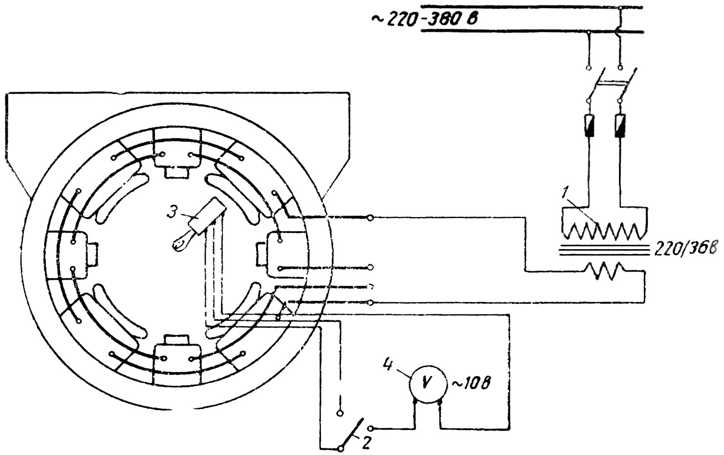 Схема испытания межвиткового замыкания магнитных катушек в остове двигателя трамвая методом С. В. Великанова