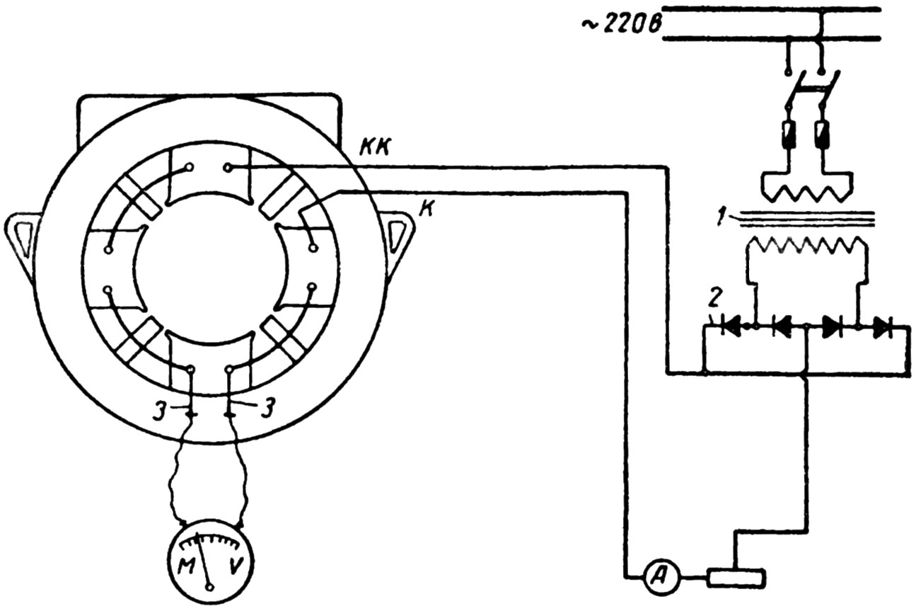 Схема испытания межвиткового замыкания магнитных катушек в остове двигателя трамвая методом измерения падения напряжения на катушках