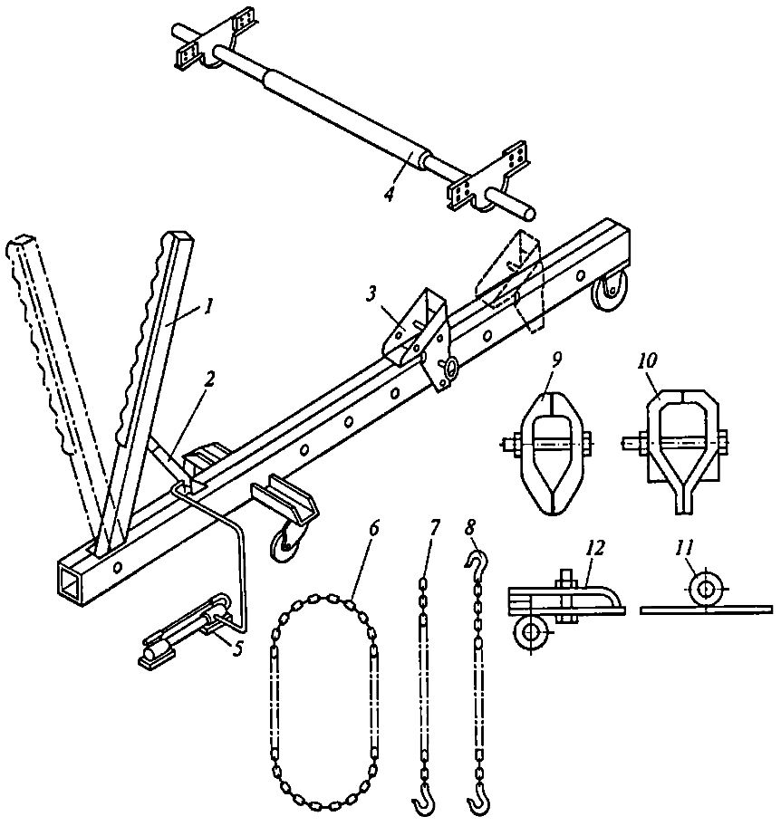 Устройство и приспособления для правки у легкового автомобиля кузова: 1 — рычаг качающийся; 2 — гидроцилиндр; 3 — упор (регулируемый); 4 — силовая поперечина; 5 — гидронасос; 6 — кольцевая цепь; 7 — цепь с крюком; 8 — цепь с двумя крюками; 9, 10 — зажимные приспособления; 11 — опорная планка с кольцом; 12 — зажим с кольцом.