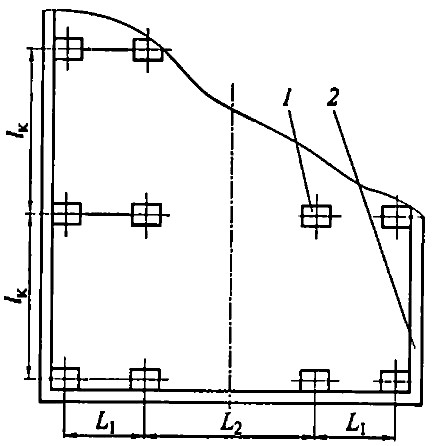 Пример расстановки сетки колонн в производственном здании авторемонтной организации: 1 — колонна; 2 — стена; lк — шаг колонн; L1, L2 — пролеты здания.